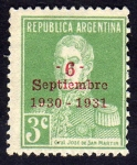 Stamps : America : Argentina :  San Martín sin punto con sobrecarga 6 septiembre 1930-1931