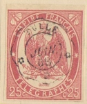 Stamps : Europe : France :  1868, FRANCIA, TELÉGRAFOS, SELLO CIRCULADO DE 25 CTS. ROJO CARMÍN, NAPOLEÓN III.