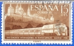 Stamps : Europe : Spain :  ESPANA 1958 (E1232) XVII Congreso Int de Ferrocarriles - Tren Talgo y Mo Escorial 15p