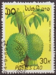 Stamps Laos -  LAOS 1989 Scott 952 Sello Nuevo Frutas Durian Durio Ziberthinus Matasello de favor Preobliterado
