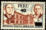 Stamps Peru -  Presidentes Manuel Prado y Ugarteche - René Coty. Exposición productos franceses en LIma. Sobreimpre