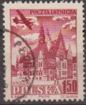 Stamps Poland -  Polonia 1954 Scott C38 Sello Correo Aereo Avion Sobrevolando Ayuntamiento Wroclaw Usado Polska Polan