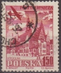 Stamps Poland -  Polonia 1954 Scott C38 Sello Correo Aereo Avion Sobrevolando Ayuntamiento Wroclaw Usado Polska Polen