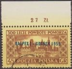 Stamps Poland -  Polonia 1959 Scott 866 Sello Nuevo Ciudades Vistas de Gdansk Sobreimpresion BALPEX I- GDANSK 1959 ma