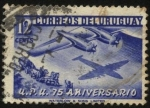 Stamps Uruguay -  U.P.U. 75 Años. Avión cuatrimotor sobrevolando una carreta.
