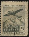 Stamps America - Argentina -  Avión bimotor sobrevolando la cordillera de los Andes. Líneas Aéreas del Estado Argentino.