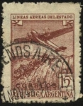 Sellos de America - Argentina -  Avión bimotor sobrevolando lagos, ríos y llanuras de Argentina. Líneas Aéreas del Estado Argentino.