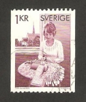 Stamps Sweden -  realizando encajes con huso