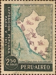 Stamps America - Peru -  Exposición Peruana en Paris - Mapa del Perú con riquezas peruanas.