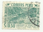 Stamps : America : Peru :  Andenes de Pisac, Cusco: Sistema incaico para el cultivo del maíz
