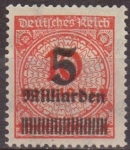 Sellos del Mundo : Europa : Alemania : Deutsches Reich 1923 Scott 313 Sello * Numeros Cifras Sobrecargado 5 Millardos 10 millones Alemania 