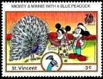 Sellos del Mundo : America : Saint_Vincent_and_the_Grenadines : San Vicente 1989 Scott 1134 Sello ** Walt Disney India New Delhi Mickey y Minnie con Pavo Real 3c 