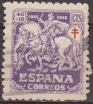 Stamps Spain -  España 1945 995 Sello º Pro Tuberculosos Cruz de Lorena en Carmin 40+10c