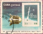 Stamps : America : Cuba :  XX Aniv. del 1er Satélite Artificial. Corea del Norte, Cosmos.