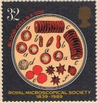 Stamps : Europe : United_Kingdom :  150 ANIV DE LA SOCIEDAD DE MICROSCOPIA. CÉLULAS DE SANGRE. RESERVADO
