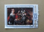 Stamps : Europe : Russia :  Pintura por J.F Krutzky. " Retrato de la esposa del artista  , frutas y flores "