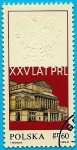 Stamps : Europe : Poland :  Gran Teatro reconstruido de Varsovia - 25 Anivº Rep. Popular - Aguila blanca en relieve