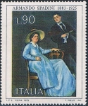 Stamps Italy -  50º ANIV. DE LA MUERTE DEL PINTOR ARMANDO SPADINI. AUTORRETRATO CON SU ESPOSA. Y&T Nº 1230