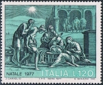 Stamps : Europe : Italy :  NAVIDAD 1977. ADORACIÓN DE LOS PASTORES POR O. JACOPO CARAGLIO. Y&T Nº 1329