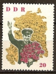 Stamps Germany -  Yuri Gagarin, cosmonauta visita a la RDA / en el fondo, un mapa de DDR.