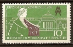Stamps Germany -  Feria de Otoño,Leipzig 1958.Modelo con Hamster forrado de abrigo, y la estación central de Leipzig.(