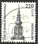 Sellos de Europa - Alemania -  Monumentos y curiosidades. Campanario de la catedral de San Nicolas, en Greifswald.