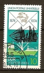 Stamps Germany -  100 años de la Unión Postal Universal.Barco de vela y buque de carga-DDR.