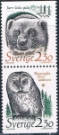 Stamps : Europe : Sweden :  ESPECIES EN PELIGRO DE EXTINCIÓN. GLOTÓN (GULO GULO) Y BUHO URAL (STRIX URALENSIS)