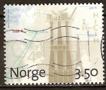 Stamps : Europe : Norway :  Producción de gas natural en Troll, cerca de Bergen. Mapa de ubicación y el indicador de altura.