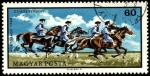 Stamps : Europe : Hungary :  Pradera natural Hortobágy. Cuatro jinetes. 1968.
