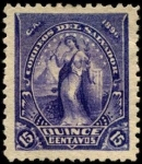 Stamps El Salvador -  Imagen de mujer con ramo, fondo volcán en erupción.