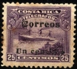 Stamps : America : Costa_Rica :  Timbre telégrafos. Barco a vapor. 1910. sobreimpreso