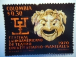 Stamps Colombia -  Festival Latinoamericano de Teatro Universitario-Manizales - Figura pre-colombina y mascara Griega, 