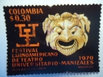 Sellos de America - Colombia -  Festival Latinoamericano de Teatro Universitario-Manizales - Figura pre-colombina y mascara Griega, 