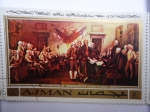 Sellos del Mundo : Asia : Emiratos_�rabes_Unidos : Pintura: Ajman- Declaración de Independencia, por John Trumbull.