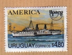 Stamps : America : Uruguay :  Scott 1544. Vapor de rueda Eolo (1994).