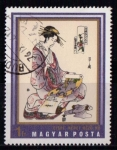 Stamps : Europe : Hungary :  2162 - Estampa japonesa, mujer reparando el kimono