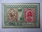 Stamps : Africa : Somalia :  50 Anmiversario de los primeros Sellos emitido en Somalia-(Dos Sellos sobre un Sello)