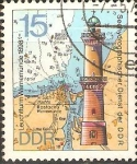 Stamps Germany -  FARO  DE  WARNEMÛNDE  Y  MAPA
