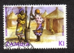 Stamps : Africa : Zambia :  Mujeres golpeando el maíz