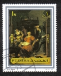 Stamps United Arab Emirates -  Fejeira, Pareja con los instrumentos musicales de David Teniers le Jeune