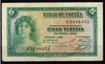 monedas del Mundo : Europa : Espa�a :  Anverso de billete de 5 pesetas del Banco de España