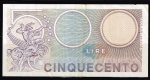 monedas del Mundo : Europa : Italia :  Reverso de billete de 500 liras.
