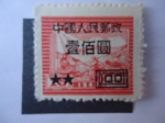 Stamps China -  Sobre Impresión y Recargo-100 sobre 15 dólar chino-Ferrocarriles-China Oriental-Tren de Vapor.