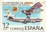 Stamps Spain -  50 ANIVERSARIO FUNDACIÓN IBERIA. AVIONES ROHRBACK Ro VIII Y DC-10. EDIFIL 2448