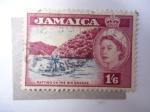 Stamps Jamaica -  Rafting on the Rio Grande - Reina Elizabeth II.