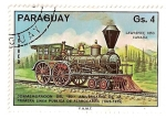 Stamps : America : Paraguay :  150 Aniv. de la 1ª linea publica de ferrocarril. 1825-1975. Locomotora Lawrence 1853 Canada.
