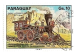 Stamps : America : Paraguay :  150 Aniv. de la 1ª linea publica de ferrocarril. 1825-1975. Locomotora Sahua la Grande. 1856  EEUU.
