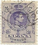 Stamps : Europe : Spain :  SERIE ALFONSO XIII TIPO MEDALLÓN. VALOR FACIAL 15 Cts COLOR VIOLETA EDIFIL 270