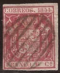 Stamps : Europe : Spain :  Escudo de España 1854  6 cuartos fondo coloreado